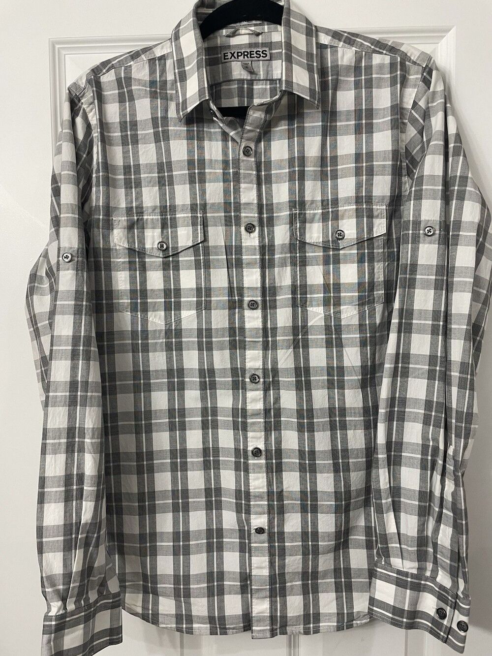 Express Men's M Gray White Plaid Cotton Woven Button-Up Long Sleeve Shirt Pocket